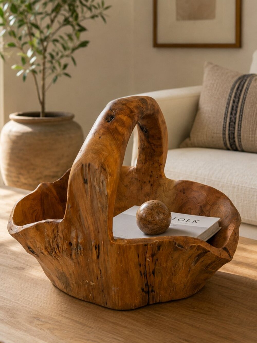 Hand Carved Burled Wood Basket